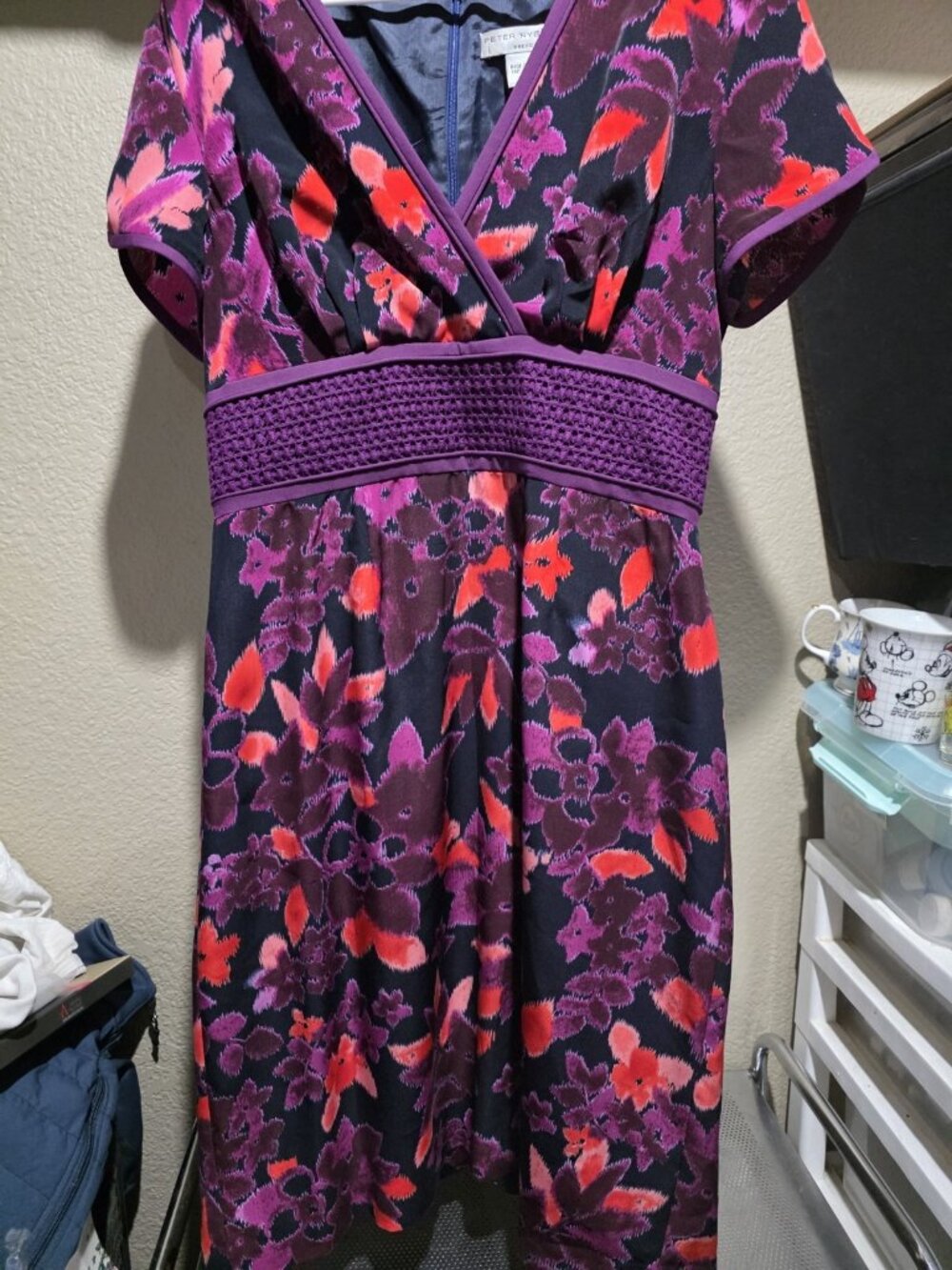 Peter Nygard Navy Grape Coral Dress Knee Length Size 10 Petal Sleeves